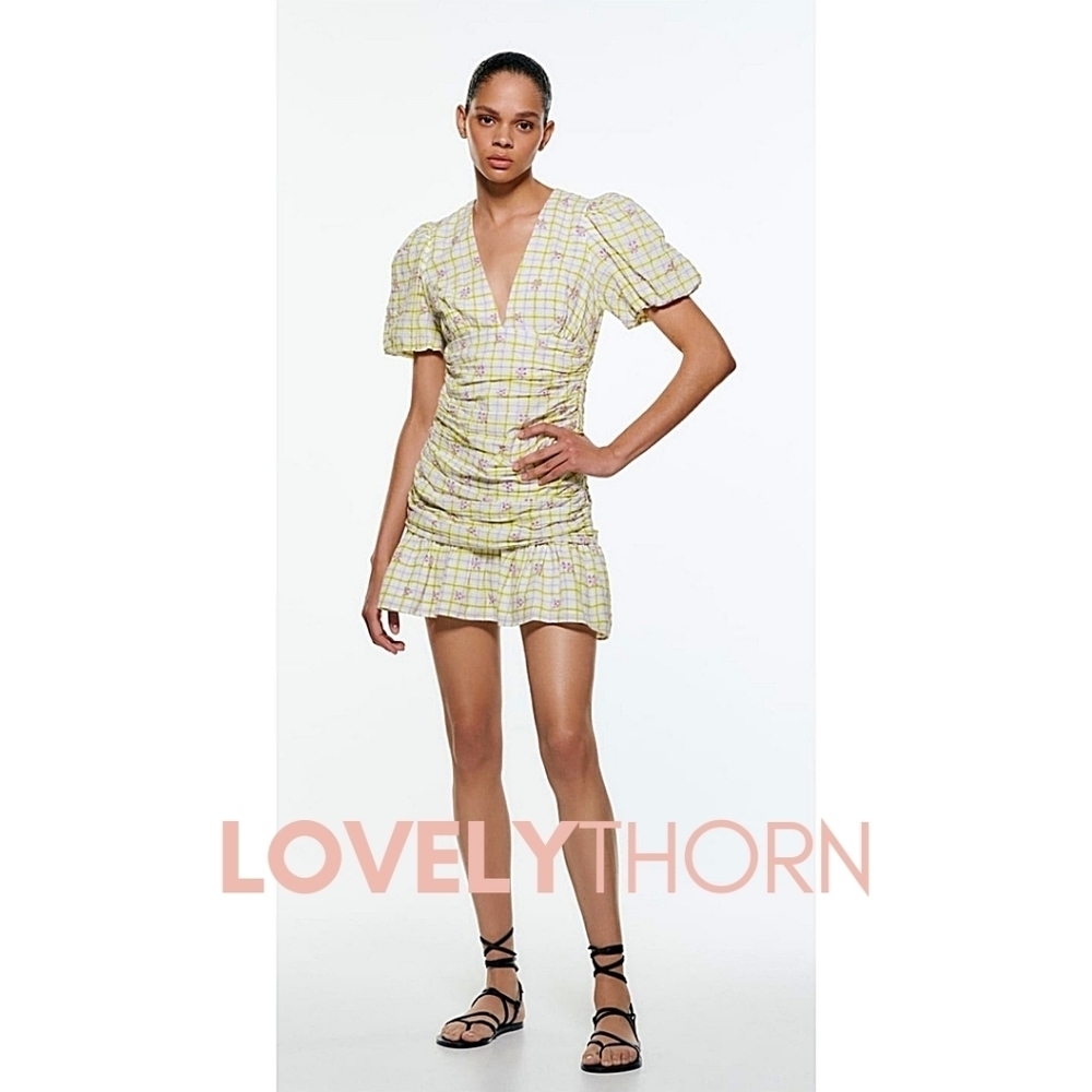 ZARA // floral checkered print plunge puff sleeve draped mini dress - Picture 3 of 13
